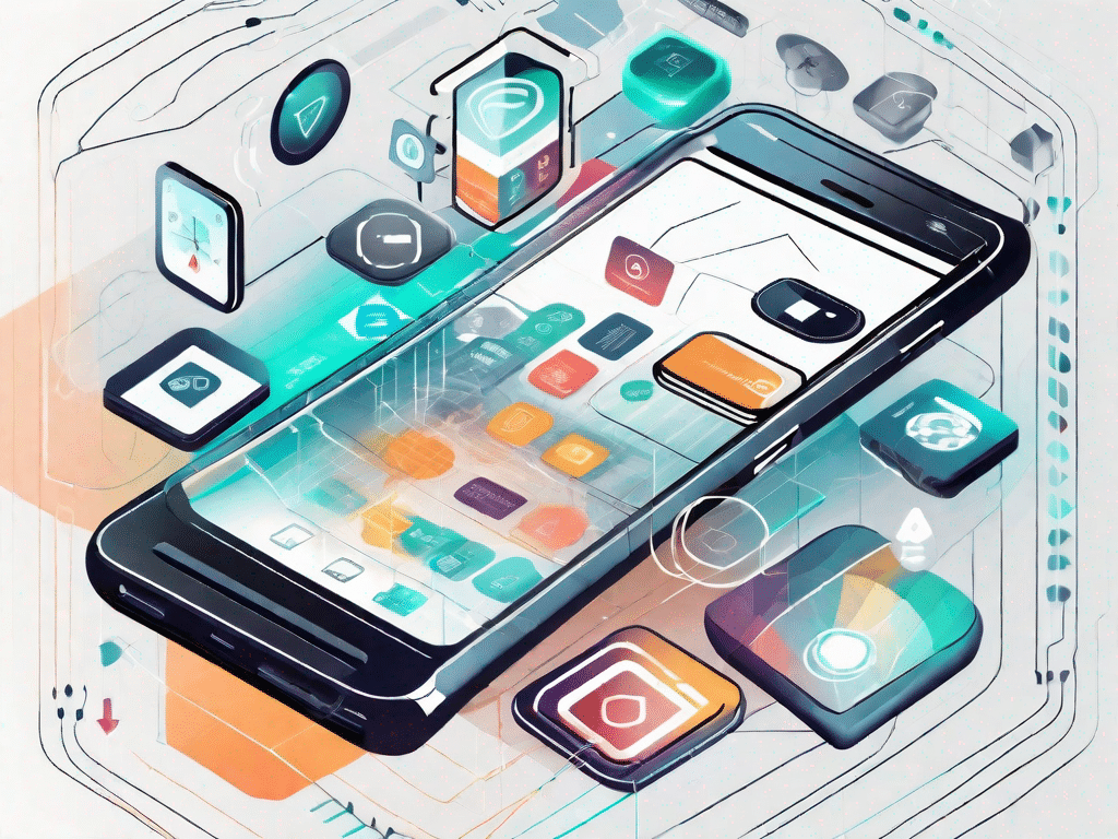 A futuristic smartphone surrounded by various app icons