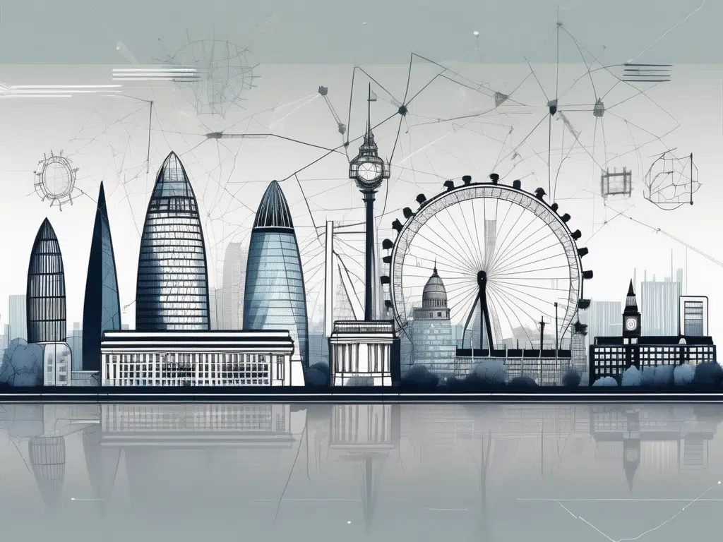 The london skyline with various abstract symbols representing coding and web development incorporated into the buildings