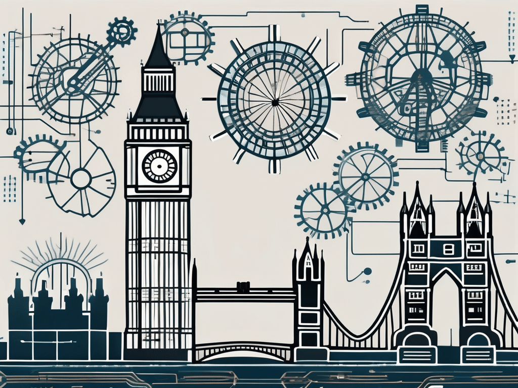 A collection of iconic uk landmarks like the london eye